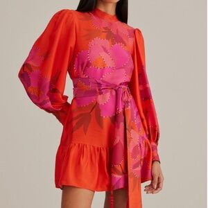 FARM Rio Red Peony Long Sleeve Mini Dress
